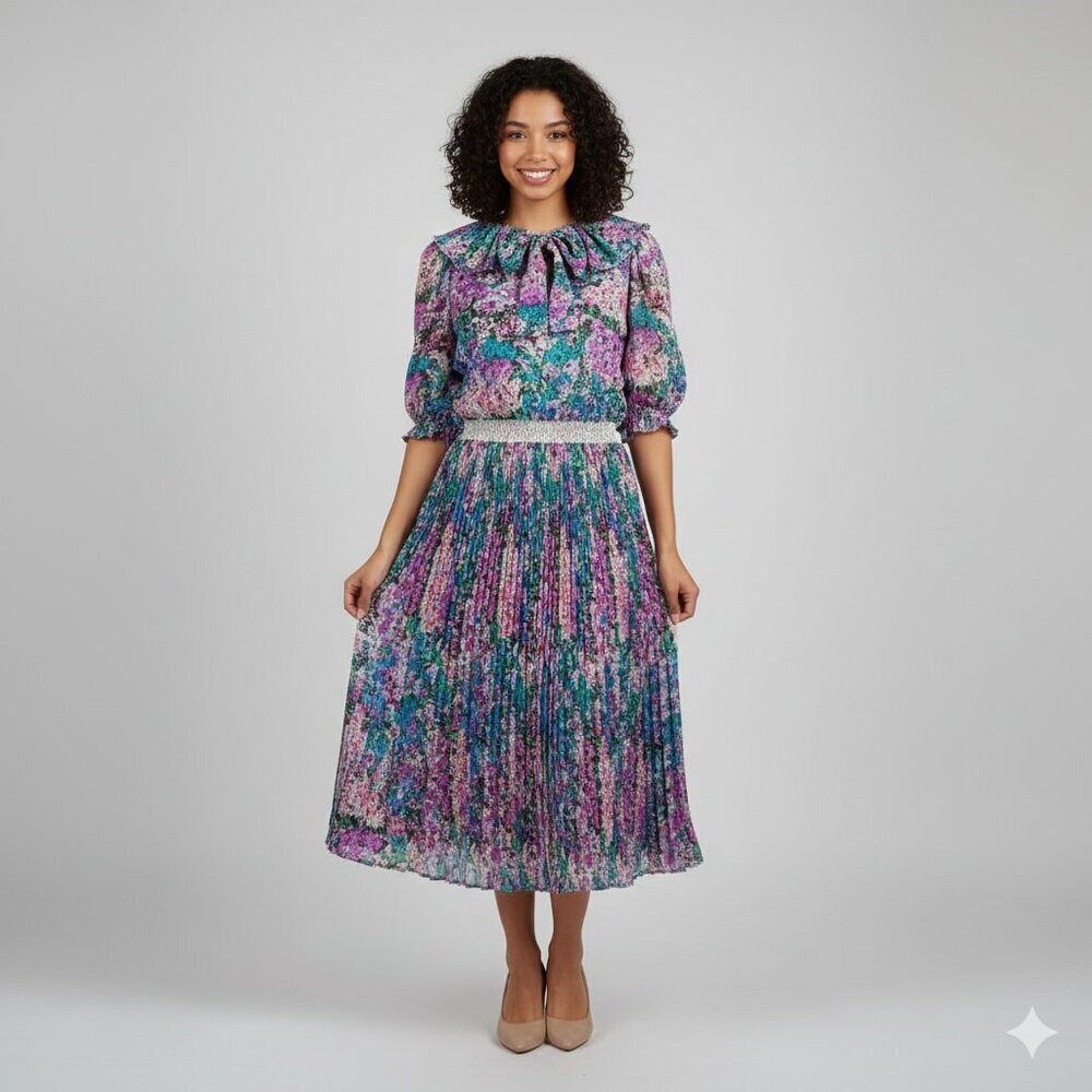 Vintage Diane Freis Georgette Dress | OSFM | 80s Boho Chic Beaded Pleated Polka